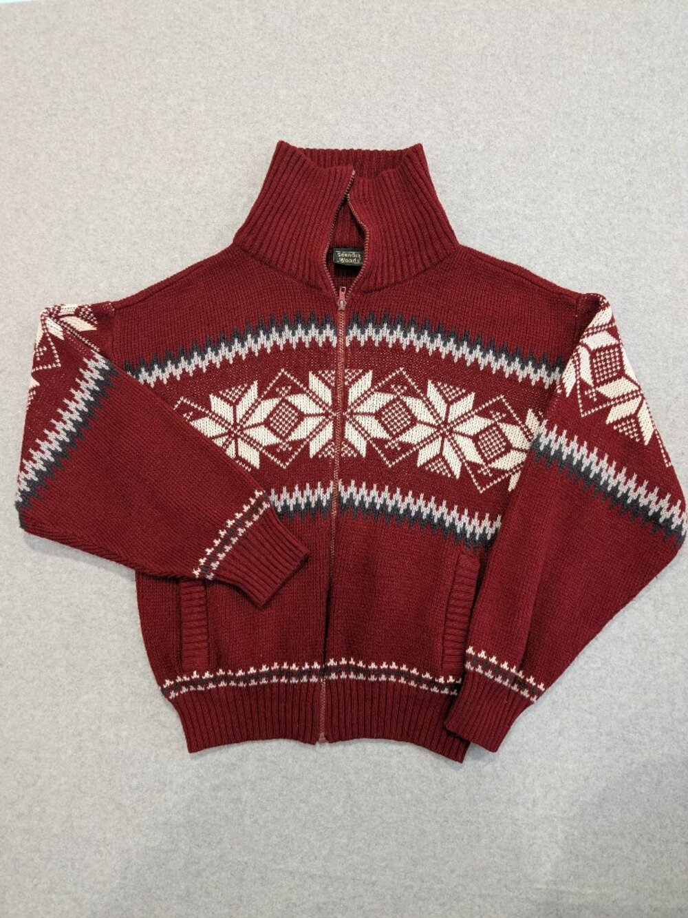 Vintage Nordic Red Fair Isle Holiday Snowflake Full Zip Turtleneck Knit Sweater